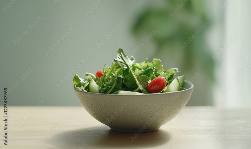 Fresh mixed greens salad in a minimalist bowl evokes feelings of health and vitality on a serene wooden surface Fresh mixed greens salad in a minimalist bowl evokes feelings of health and vitality on a serene wooden surface
