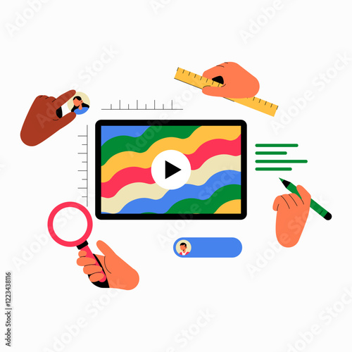Video Editing Process With Hands And Tools In Flat Vector Illustration Symbolizing Creativity, Collaboration, And Media Production, Isolated On White Background.