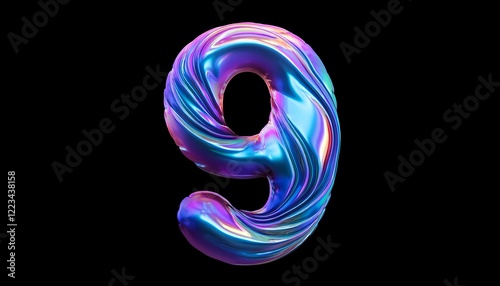 iridescent number nine 9 - isolated on black background - neon glowing number