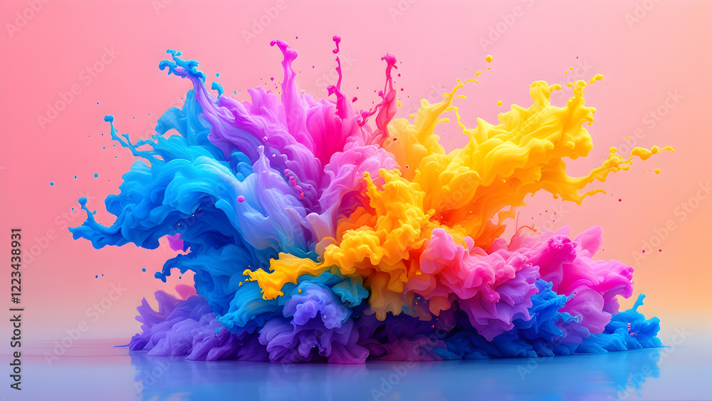 Naklejka premium Color powder splash rainbow background paint holi smoke colour . Powder color splash explosion dust ink burst splatter white texture isolated black spray party blue wallpaper cloud illustration.