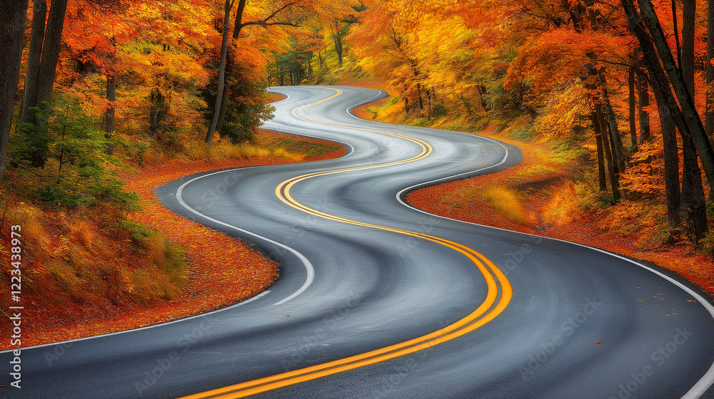 Naklejka premium Scenic winding road through vibrant autumn foliage in the countryside.