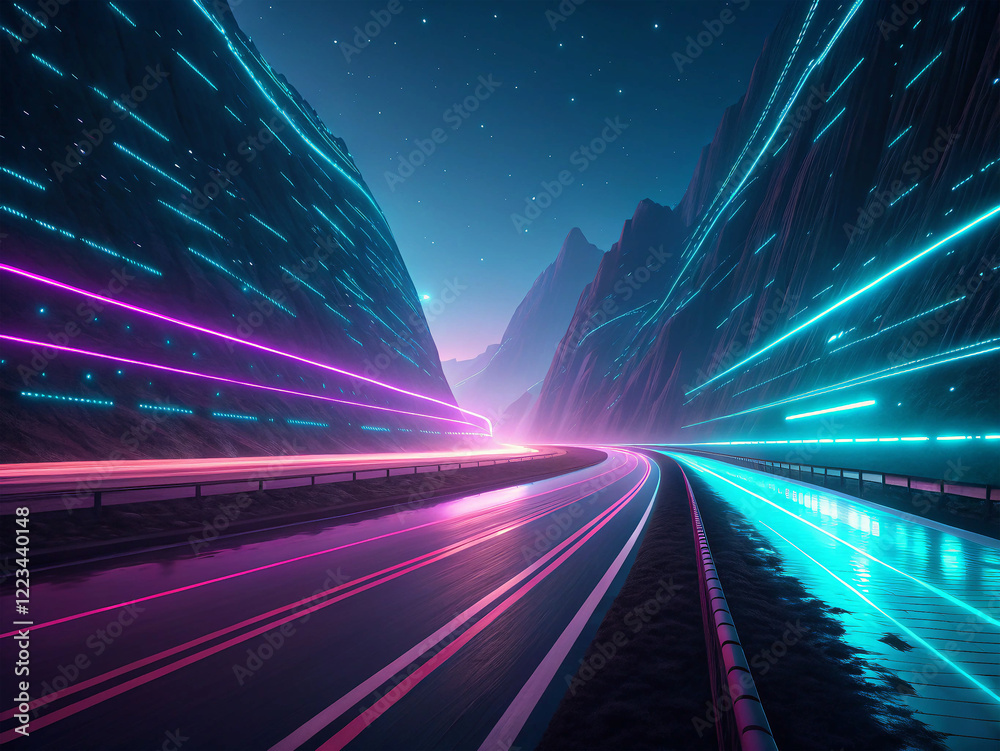 Fototapeta premium Abstract digital landscape, neon light streaks, vibrant colors, futuristic data streams, dynamic motion blur, cyan and magenta illumination, high-tech cyberpunk aesthetic, 3D rendering,