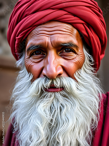 Close-up portrait old man long white beard turban Prophet of God photo