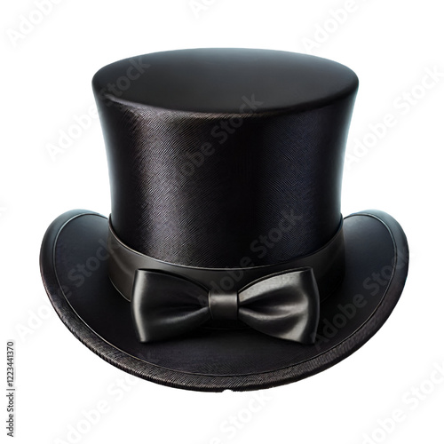 A black silk top hat, often seen in formal events or as part of magician costumes ON TRANSPARENT BACKGROUND
