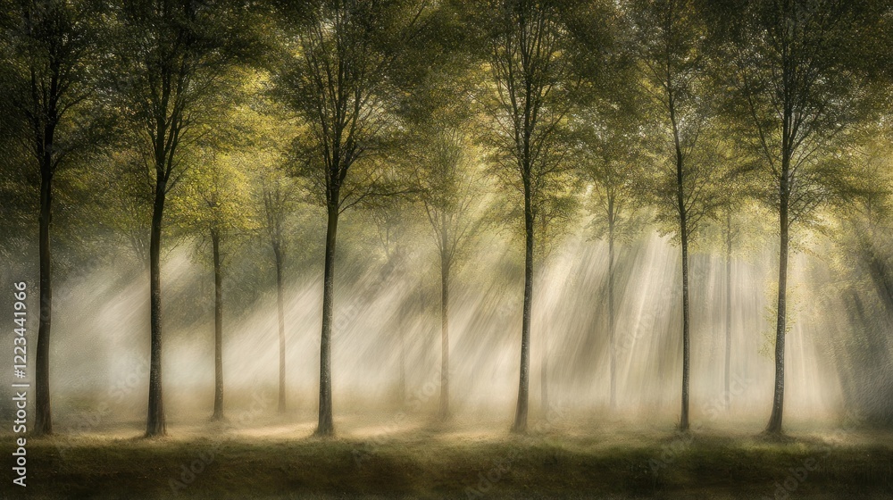 Fototapeta premium Sunbeams Illuminate Misty Forest Trees