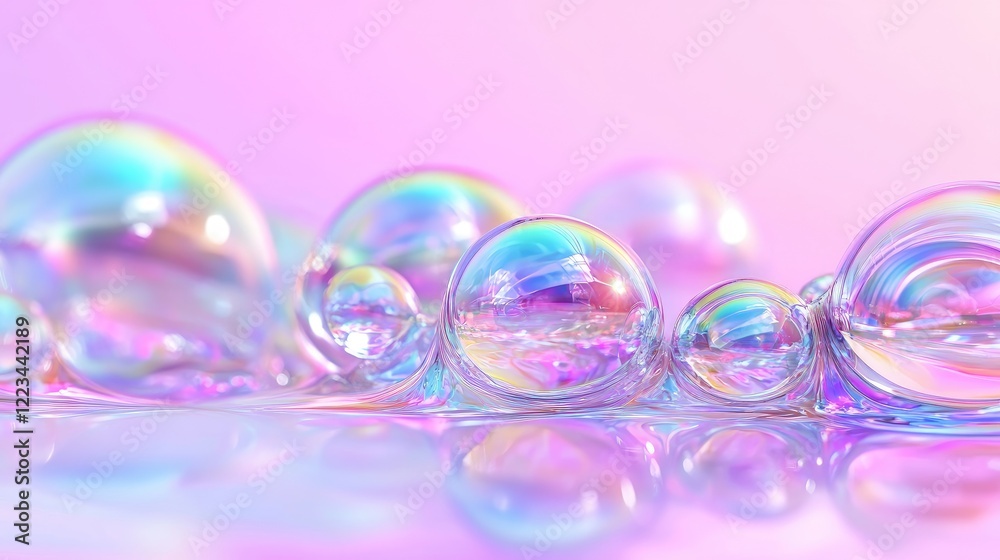 Iridescent soap bubbles on pink background, reflection, abstract