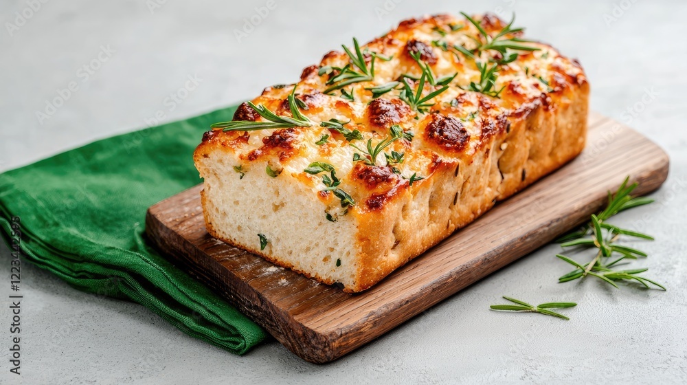 Rosemary cheese bread loaf on wooden board, kitchen setting. Food photography for recipe websites Rosemary cheese bread loaf on wooden board, kitchen setting. Food photography for recipe websites