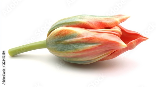 A tulip bud about to bloom, with smooth and vibrant petals, isolated on white, photo