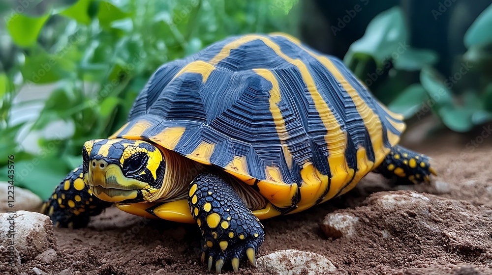 Gorgeous tortoise on a sturdy ground featuring a yellow shout Gorgeous tortoise on a sturdy ground featuring a yellow shout