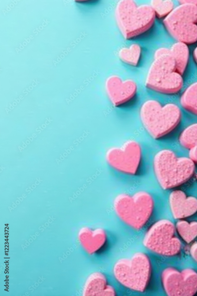 Fototapeta premium Pastel pink candy conversation hearts scattered on a turquoise blue background , sweet, pastel colors, colorful