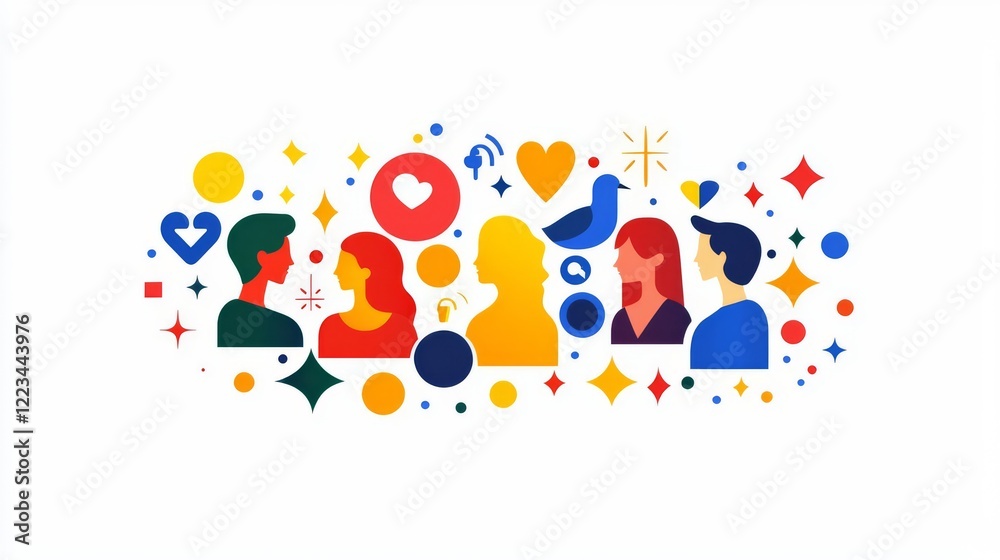 Obraz premium Colorful graphic depicting diverse people in conversation and connection.