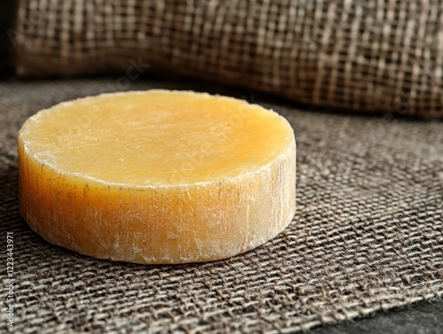 Round Natural Cheese Wheel on Rustic Linen Fabric Background photo