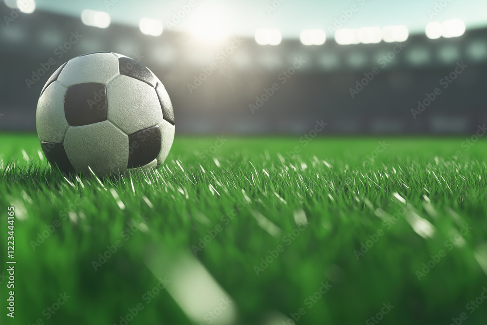 Fototapeta premium Soccer ball on green grass at a stadium under bright sunlight