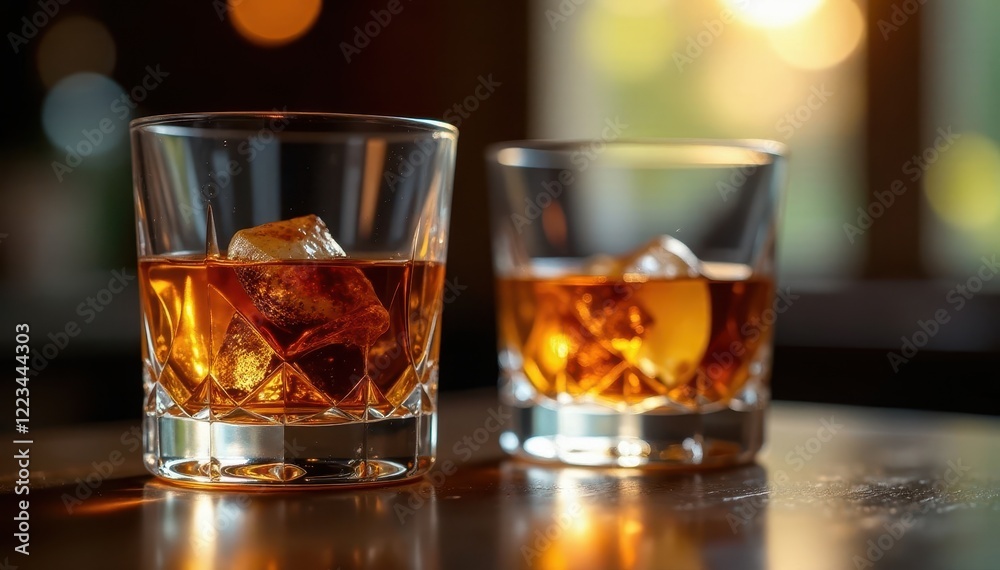 Elegant crystal glasses filled with amber liquor, close-up, spirit Elegant crystal glasses filled with amber liquor, close-up, spirit