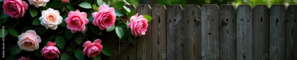 Pink and white roses cascading over a rustic wooden fence, summer, garden roses, flower Pink and white roses cascading over a rustic wooden fence, summer, garden roses, flower