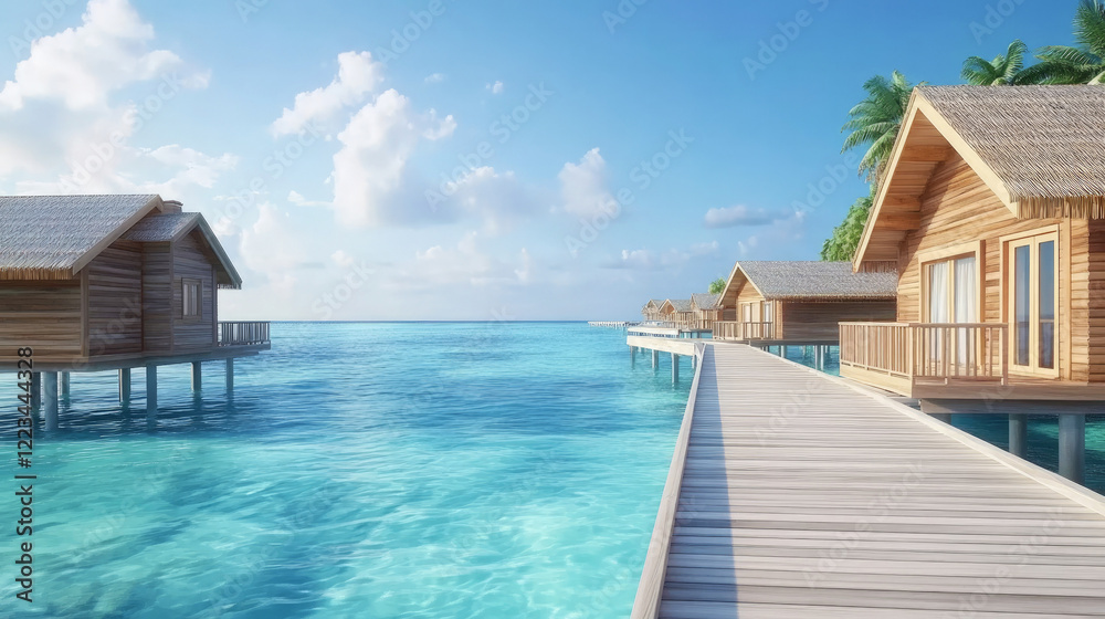 Fototapeta premium Overwater bungalows or villas connected by a wooden walkway in a tropical paradise with turquoise water and blue sky.