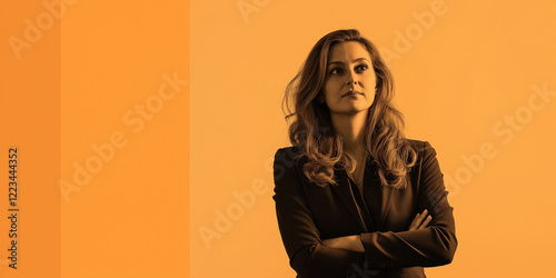 young businesswoman in a isolated background facing to camera with thinking mood face, 