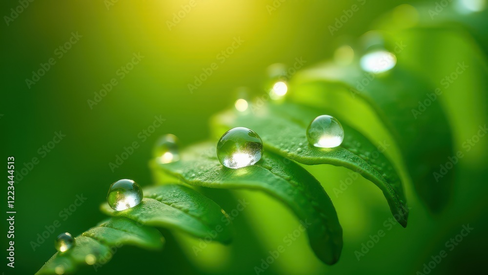 Macro photography of dewdrops on a green fern leaf Macro photography of dewdrops on a green fern leaf