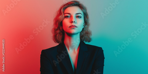 young executive curly hair woman in a power pose in red isolated background, poster type background