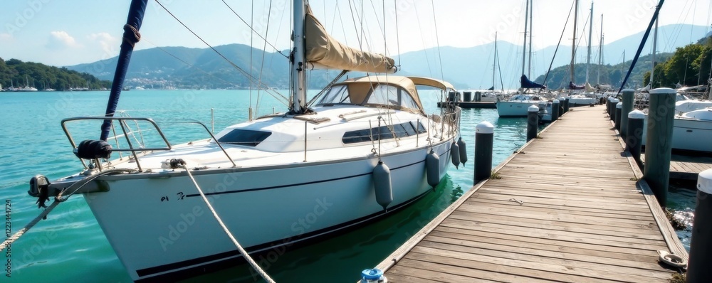 Fototapeta premium Sailboat docked at a wooden pier tied with ropes, docks, equipment