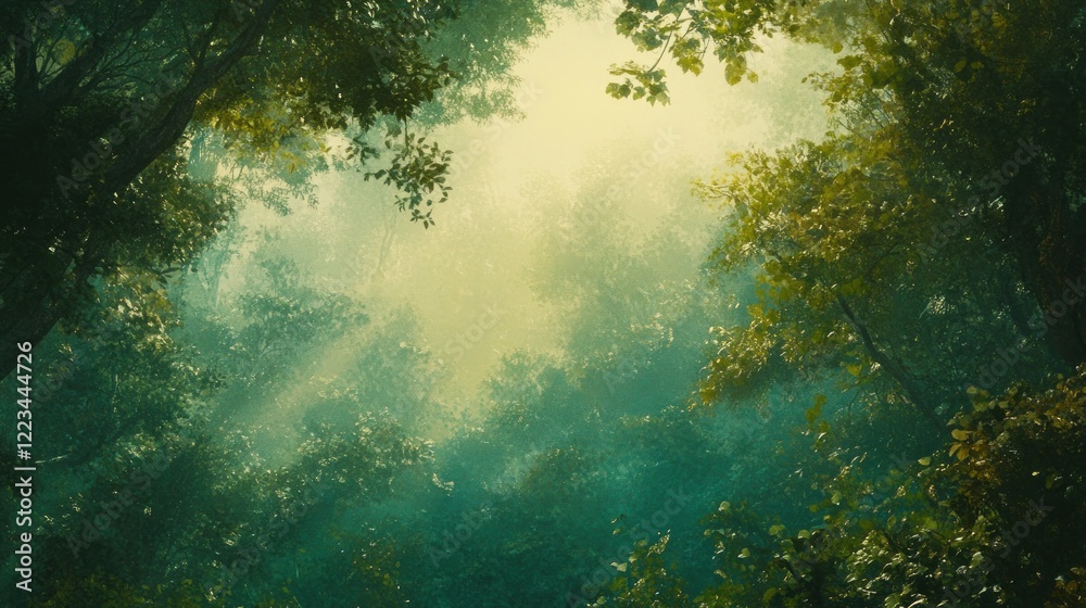 Obraz premium Sunlit Canopy Over Misty Forest Scene