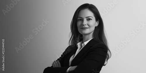 portrait of a businesswoman in a poster type image with copy space background, young success businesswoman in smile face with hand crossed position wearing office suit