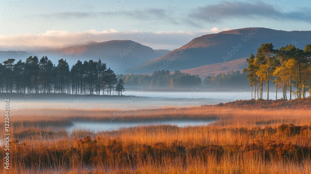 Fototapeta premium Misty Scottish Highlands Autumn Sunrise Landscape