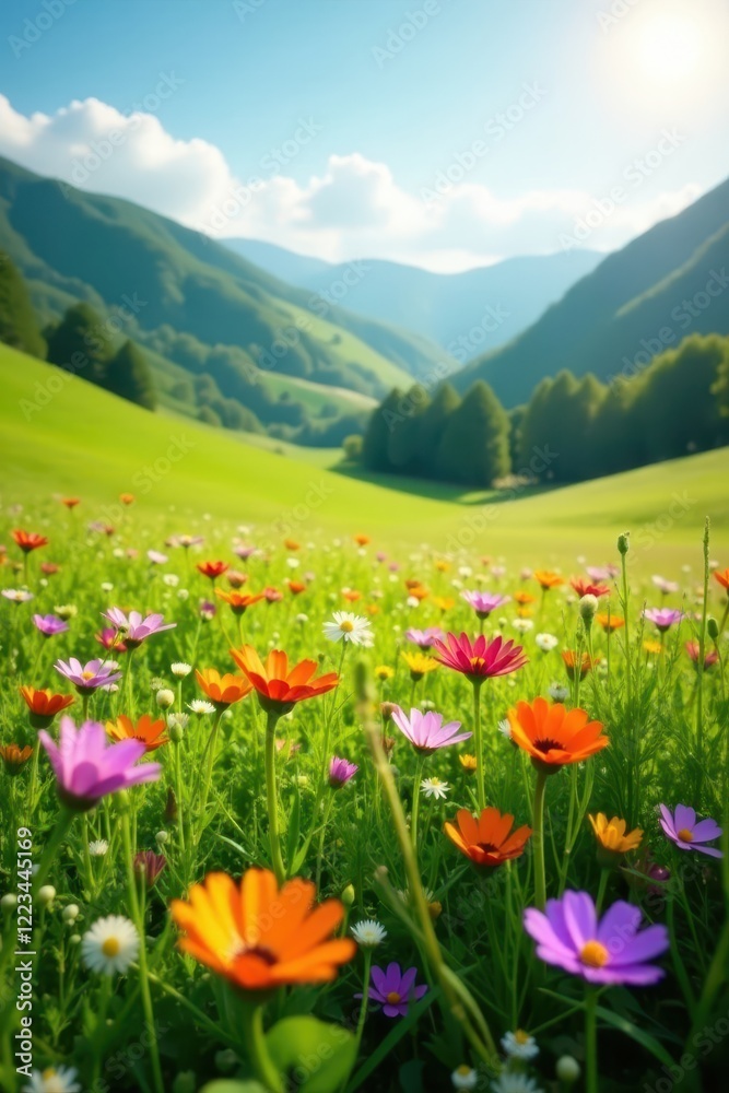 Obraz premium Vibrant wildflowers in lush green meadow, sunlit hills , tranquil, painting