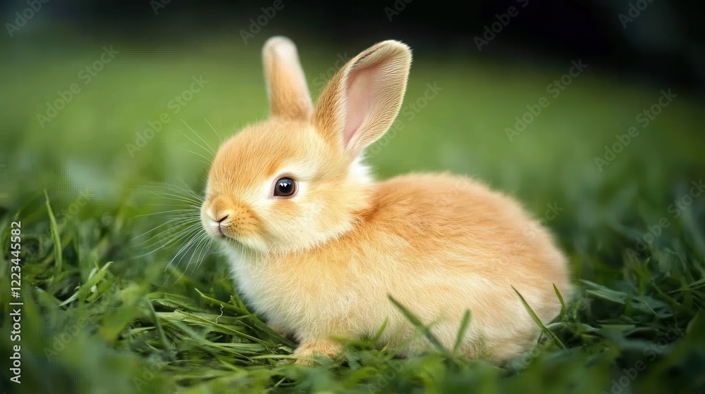 Adorable baby rabbit sitting on green grass in sunny meadow Adorable baby rabbit sitting on green grass in sunny meadow