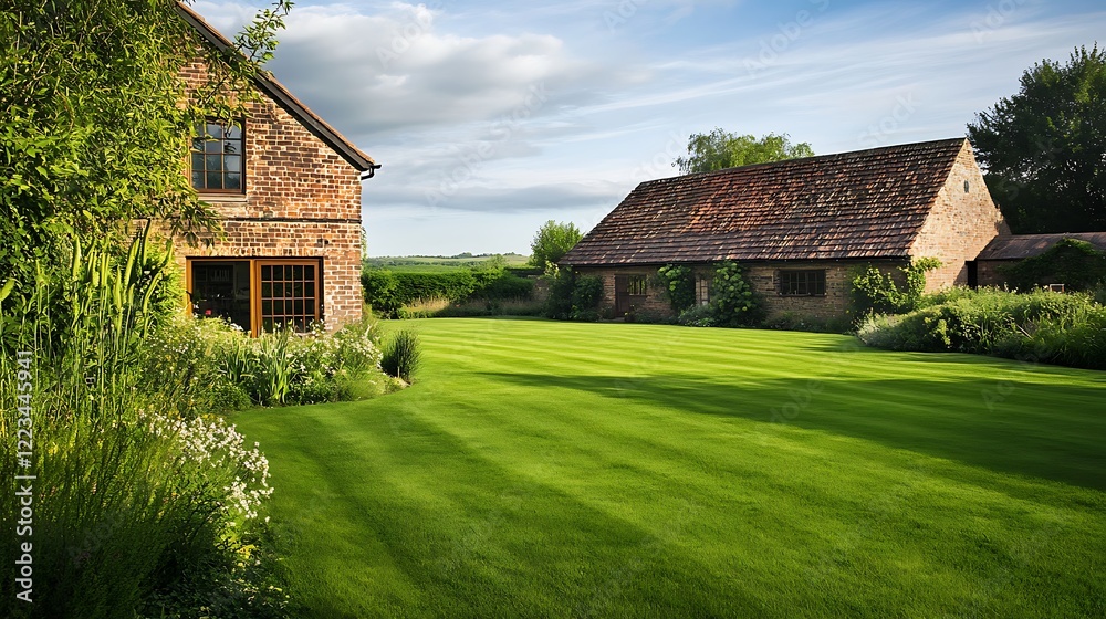 Fototapeta premium Green lawn in an ordinary barn and cottage