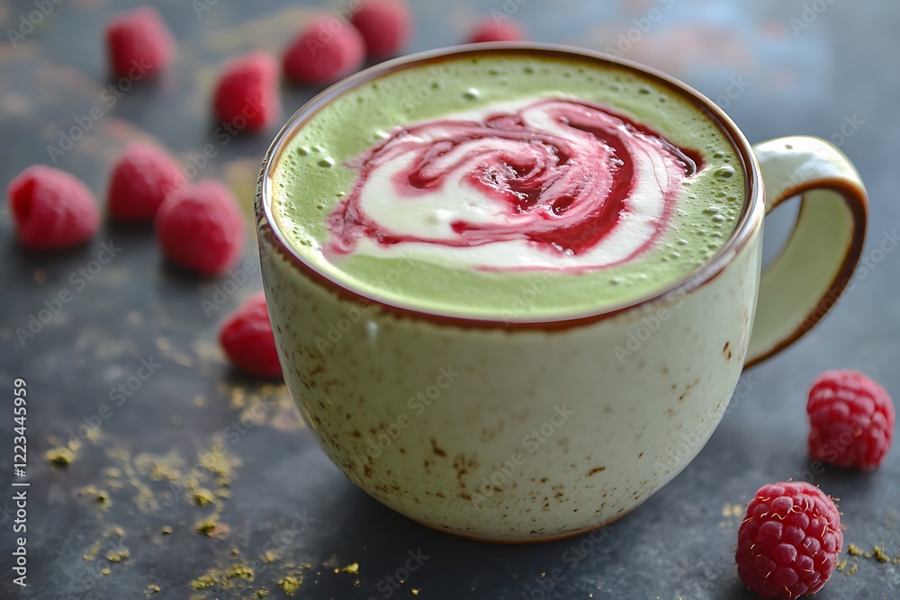 custom made wallpaper toronto digitalA rich, creamy white chocolate raspberry matcha latte with a delicate swirl of raspberry sauce, served in a ceramic mug.