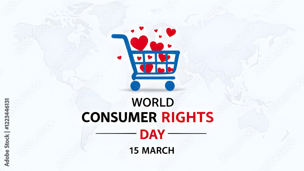 Naklejka premium Illustration of World consumer rights day, shopping, cart, bags, customer service.