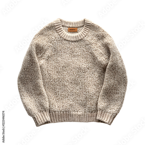 Warm Woolen Crew Neck Sweater in Beige with Brown Cable Knitting Isolated on Transparent Background photo