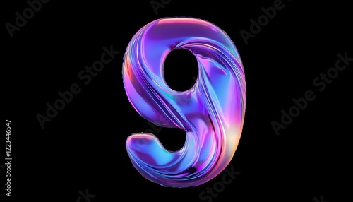 iridescent number nine 9 - isolated on black background - neon glowing number