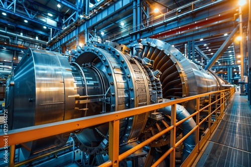 Large industrial steam turbine generator is shown inside a power plant photo