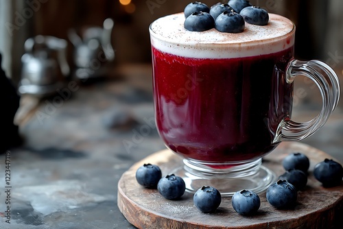 A rich, deep berry hibiscus latte with a frothy top and fresh blueberries scattered on top. photo