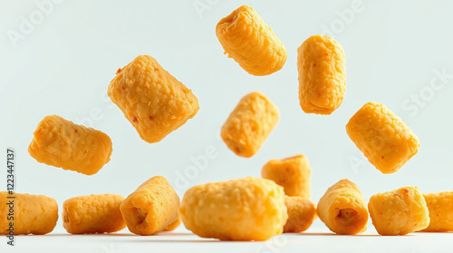 Crispy snacks falling on white background