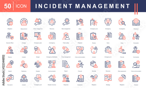 Incident Management icon set, featuring crisis handling, risk assessment, recovery, emergency plans, safety protocols, and response strategies. Perfect for safety and management projects.