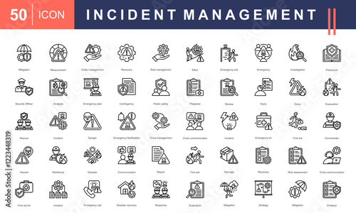 Incident Management icon set, featuring crisis handling, risk assessment, recovery, emergency plans, safety protocols, and response strategies. Perfect for safety and management projects.