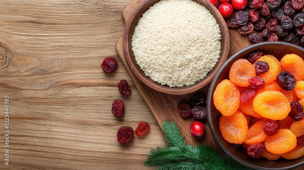 Delicious quinoa bowl topped with dried apricots and walnuts served with cream on a rustic linen napkin against a dark wooden surface. Delicious quinoa bowl topped with dried apricots and walnuts served with cream on a rustic linen napkin against a dark wooden surface.