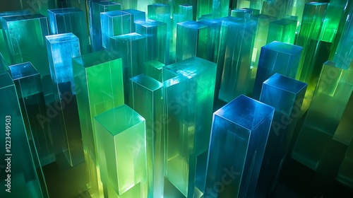 A labyrinth made of glowing, translucent panels in shades of blue and green.  photo