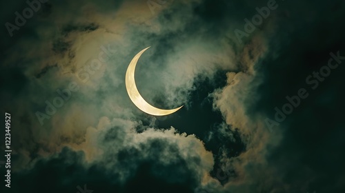 Sky during a solar eclipse, with the sun partially obscured by the moon.