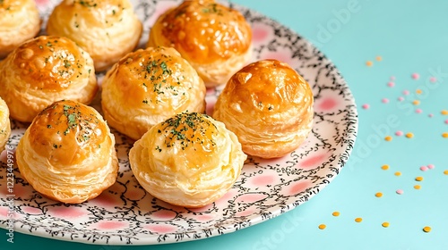 Handmade egg puffs freshly cooked on a lined platter on a isolated colorful bacdrop photo