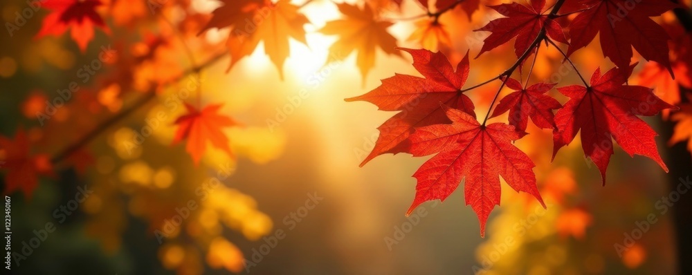 Scarlet and golden maple leaves dance in sunlight, maple tree, sunlit, fall colors Scarlet and golden maple leaves dance in sunlight, maple tree, sunlit, fall colors