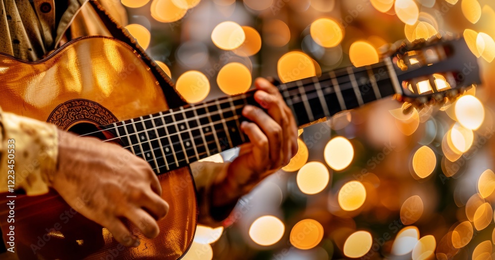 Obraz premium Guitarist on stage and sings in a concert for background, soft and blur concept.
