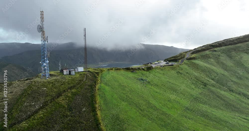 Lagoa do Fogo telecommunication tower, antenna ath the top of the hill.