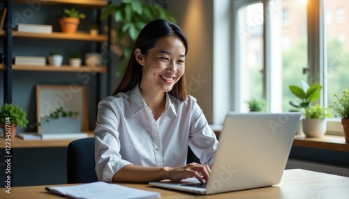 Smiling Asian working on laptop, bright office, inspiration, positive vibes Free Download Smiling Asian working on laptop, bright office, inspiration, positive vibes - GFXLoad