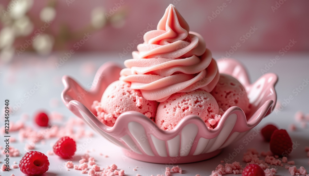 Elegant swirl of raspberry ice cream presented in a decorative bowl, showcasing a delightful dessert ready for any sweet occasion. Elegant swirl of raspberry ice cream presented in a decorative bowl, showcasing a delightful dessert ready for any sweet occasion.