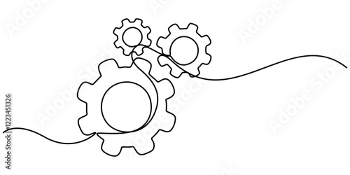 Setting icon continuous one line drawing vector illustration, Continuous one line drawing of Setting icon isolated on white background outline vector illustration, machine wheel gears pro vector.