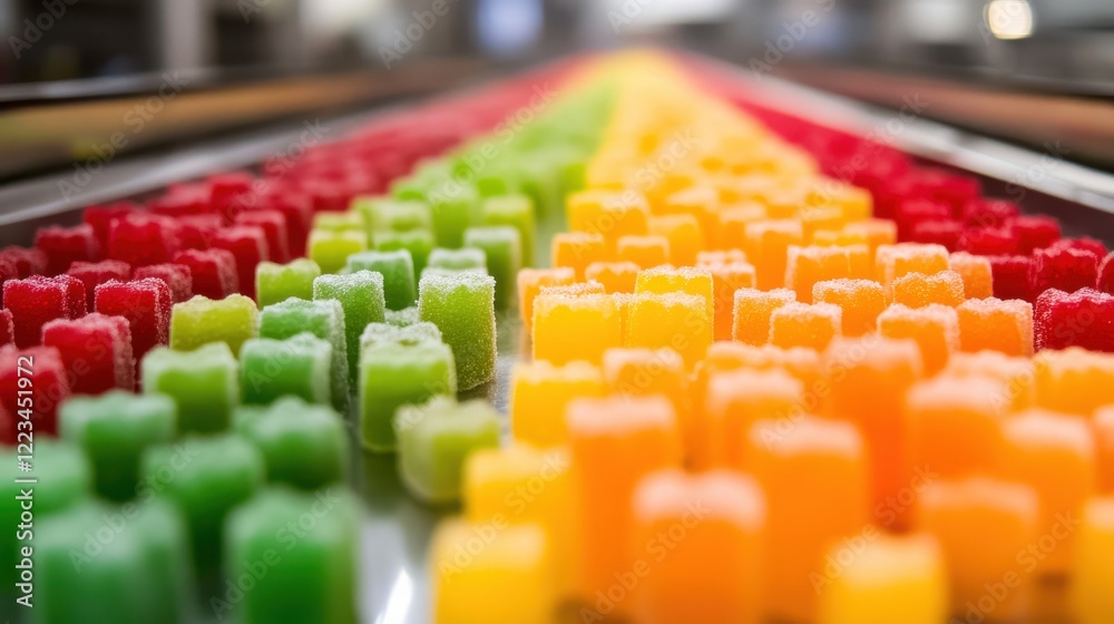 Obraz premium Colorful gummy candies arranged in rows on a production line in a factory setting